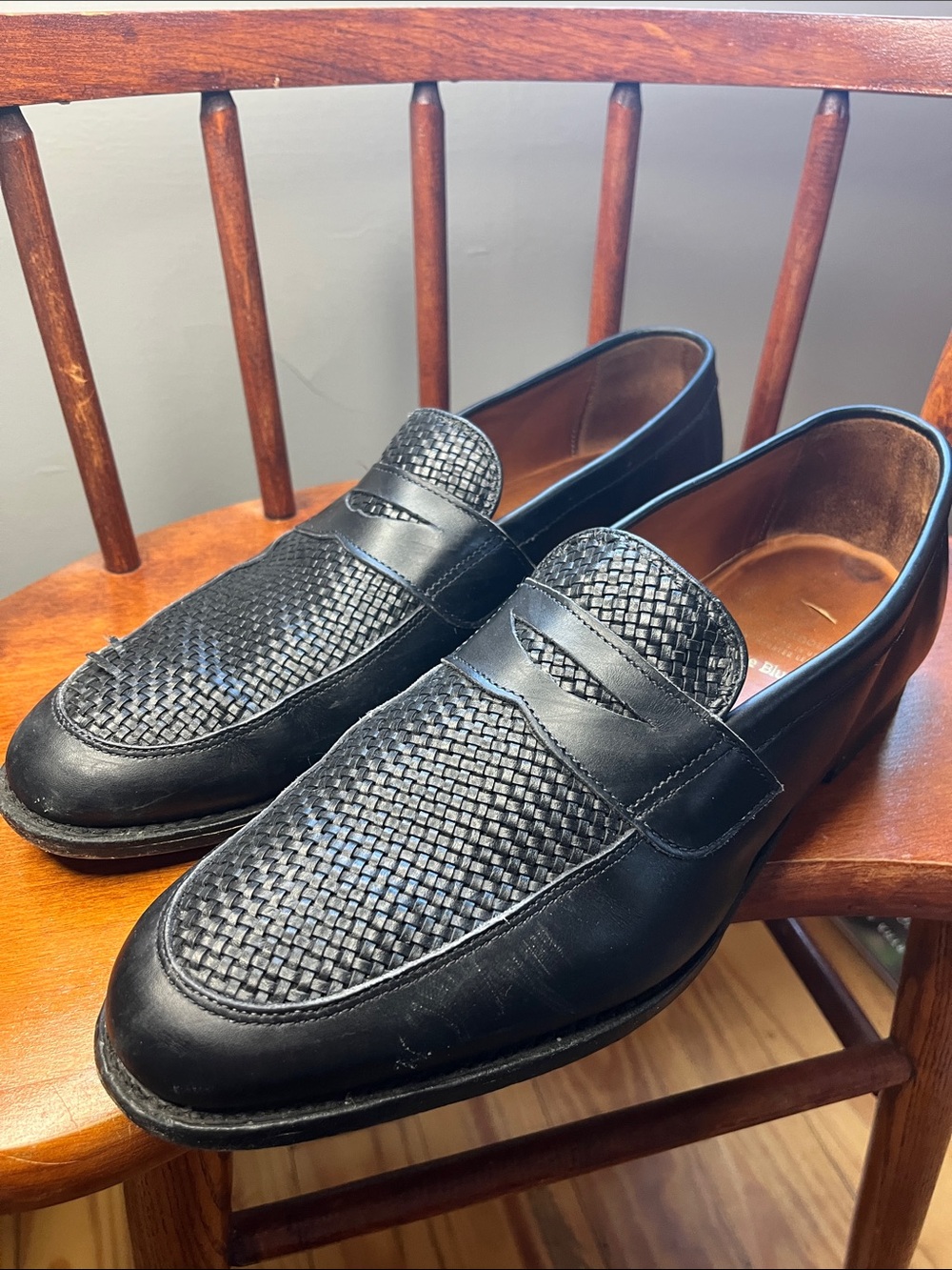 Allen Edmonds Lake Bluff Black Woven Leather Penny Loafers Men’s 10.5